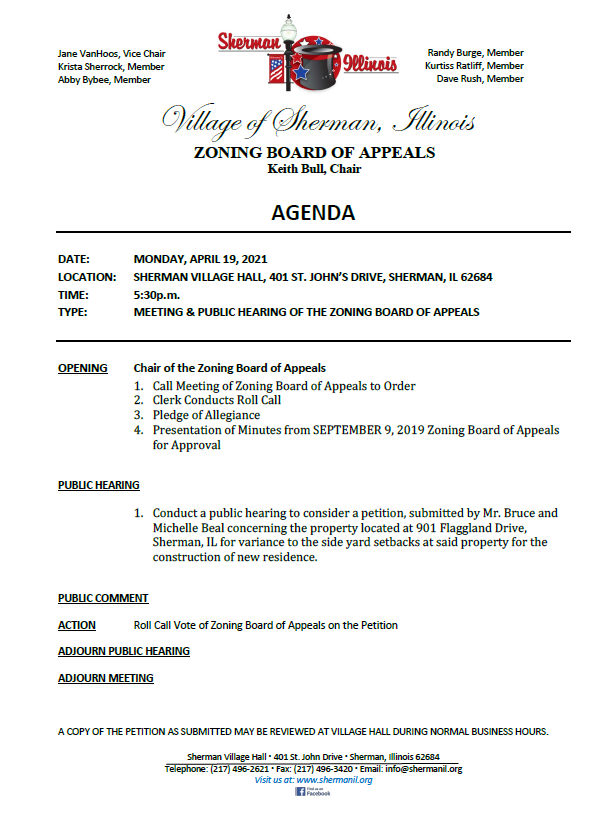 Zoning Board of Appeals Agenda Village of Sherman